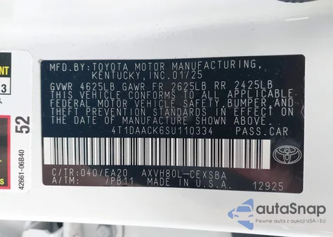 2025 Toyota Camry Se from USA, damaged, VIN 4T1DAACK6SU110334